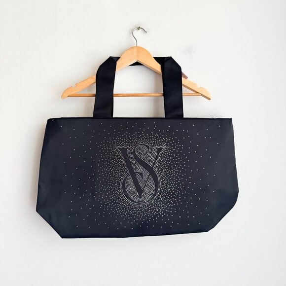Victorias Secret Black Satin Rhinestone Large Weekender Tote Bag NWT - Picture 1 of 6